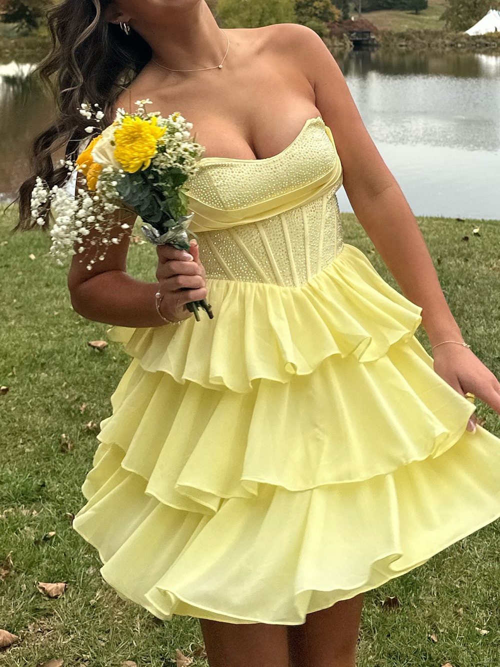STACEE’S Homecoming Strapless Yellow Tiered Ruffle Mini Dress